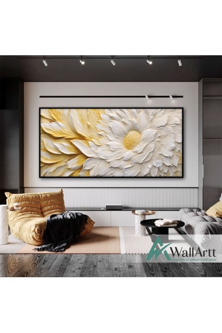 White Flower with Yellow Leaves 3d Heavy Textured Partial Oil Painting